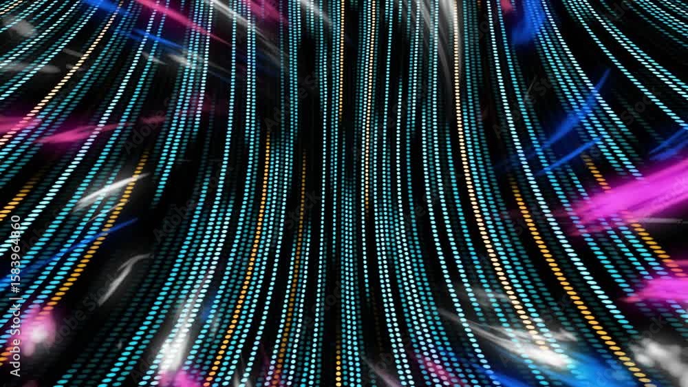 Poster pulse causing turquoise strands cascading while light streaks arcing to illustrate data flow in 3d