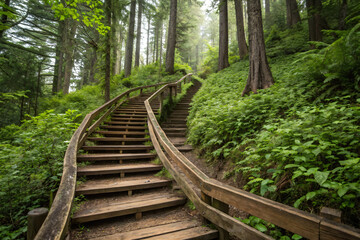 Wooden spiral staircase winding downwards, surrounded by vibrant green vegetation and trees in a tranquil forest environment