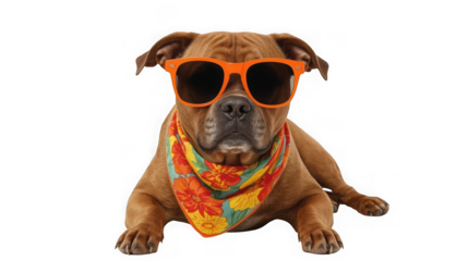 A pitbull dog wearing sunglasses and a floral bandana, isolated on transparent background
