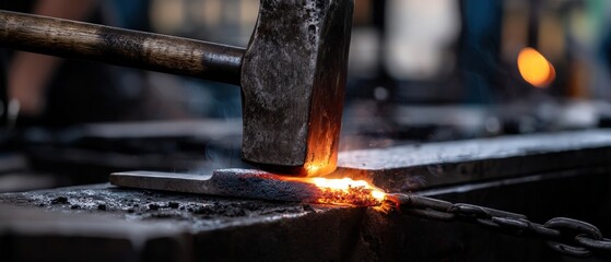 Closeup of blacksmith hammering hot metal on anvil in workshop Sparks and smoke from forging process Concept of craftsmanship, industry, and traditional skills