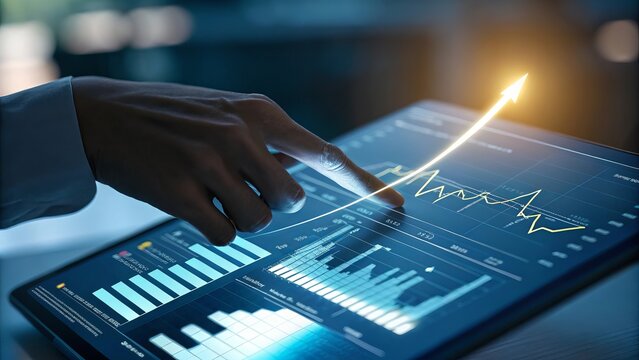 Hand analyzing financial data on a digital tablet with upward trend graph