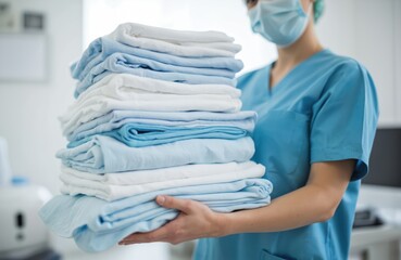 Nurse in blue uniform folds stack of white towels with precise creases. Hospital staff maintains hygiene, cleanliness and professionalism. Medical pro handles linen with care.