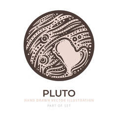 Vector illustration of Pluto in soft brown and pale pink tones. Hand-drawn engraving texture of dwarf planet, perfect for astronomy, education, and decorative use. Part of set.