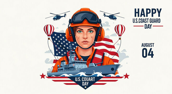 Happy u s coast guard day august 4th with a heroic rescuer ship helicopters and american flag