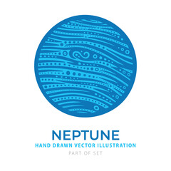 Colorful vector illustration of Neptune in vibrant blue tones with stylized texture and abstract engraving details. Perfect for posters, education, and cosmic designs. Part of set.