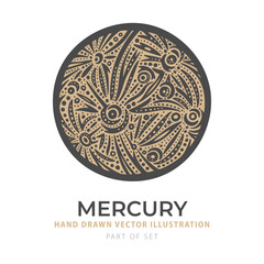 Vector illustration of Mercury in earthy beige and charcoal tones. Hand-drawn engraving style with crater-like texture. Perfect for science, posters, and cosmic themes. Part of set.