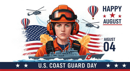 Happy august fourth u s coast guard day celebration with a female rescuer ship helicopters and hot air balloons against the american flag
