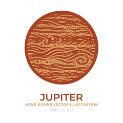 Vector illustration of Jupiter in earthy orange and beige tones with swirling storm textures. Hand-drawn engraving style for cosmic, educational, and artistic use. Part of set.