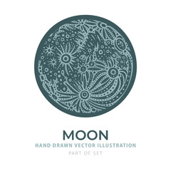 Color vector illustration of the Moon with crater texture in muted teal tones. Hand-drawn engraving style perfect for astronomy posters and mystical visuals. Part of set.