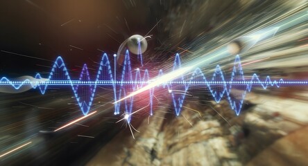 Abstract digital representation of sound waves and data streams featuring a blue waveform and light flares with blurred background.