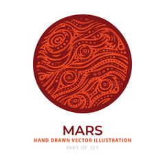 Vibrant vector illustration of Mars in bold red and orange tones. Hand-drawn texture with abstract engraving style. Ideal for science posters and educational design. Part of set.