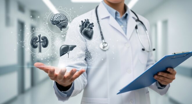 A doctor holds a digital display of human organs, representing health, medicine, and healthcare innovation