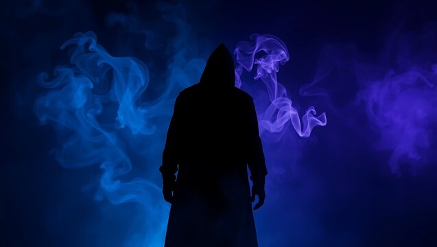 Silhouette of hooded figure surrounded by blue and purple smoke creating a mysterious atmosphere - Powered by Adobe