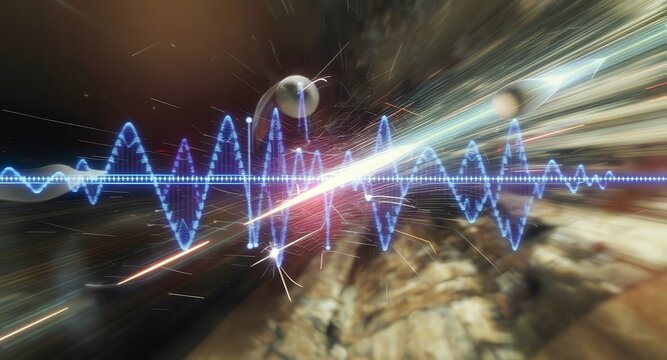 Abstract digital representation of sound waves and data streams featuring a blue waveform and light flares with blurred background.