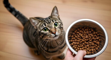 Tabby cat looking up at a bowl of dry food held by a hand on a wooden floor with tail visible