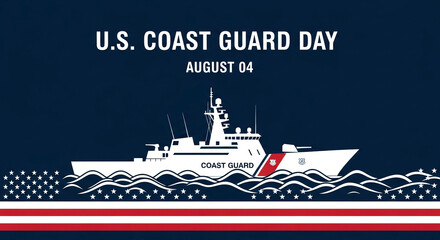US coast guard day august 4th celebration with a white cutter ship sailing on wavy water and american flag elements