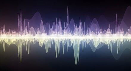 Abstract sound wave visualization with vibrant colors and reflections. Digitized waveform depicts audio frequency and amplitude patterns, with a dynamic and visually engaging aesthetic.