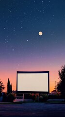 Drive-in movie screen under a starry night sky with a full moon. Perfect for showcasing evening entertainment or outdoor events.
