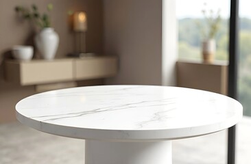 Empty marble white table top with green plant, stylish interior design of living room