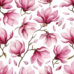 Fototapeta premium Seamless floral pattern featuring pink magnolia flowers in soft pastel colors against white background. Green stems, leaves add natural elements to design. Centered composition, balance, harmony,