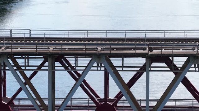 Close-Up of Modernized Railway Tracks on Steel Truss Bridge in Jonava, Lithuania