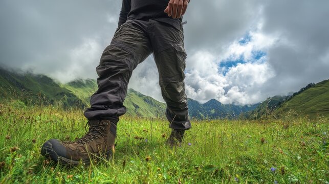The adventurous hiker exploring the lush mountainside under a cloudy sky. - Powered by Adobe