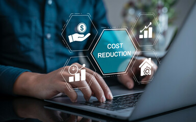 Fototapeta premium Cost Efficiency in Action: Typing with Holographic Savings Icons