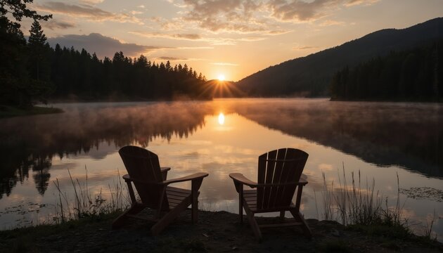 Serene lakeside scene at sunset with wooden Adirondack chairs on rocky shore. Dark brown chairs contrast with cool lake water. Sun sets behind lake, casting warm glow. Tranquil lake reflects sky, - Powered by Adobe