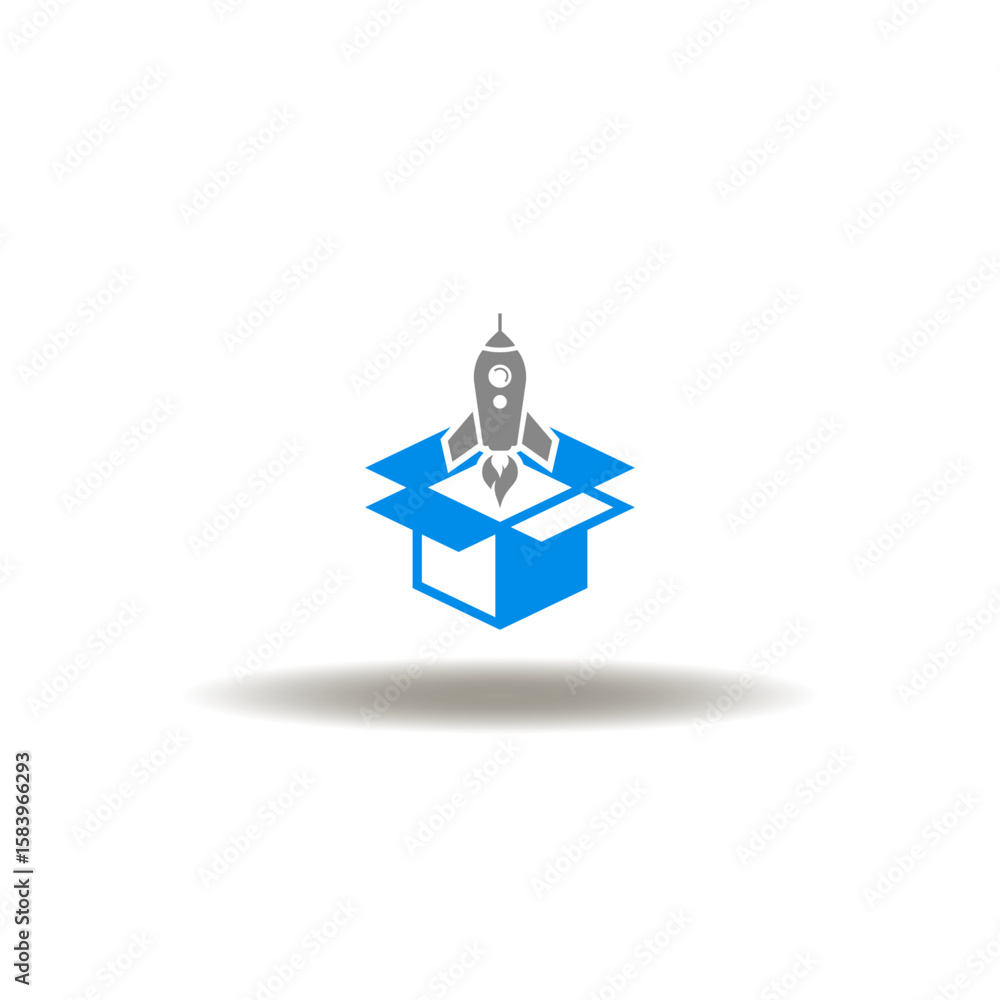 Poster vector illustration of spaceship and cardboard open box packaging. symbol of startup. icon of new pr