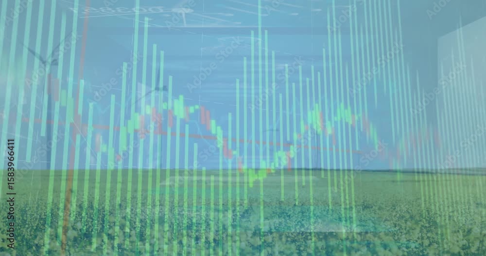 Poster data overlay fading in, bars pulsing, line chart scrolling over turbines showing wind energy trends