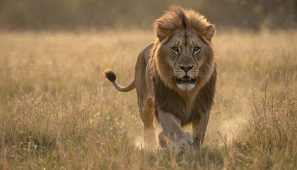Naklejka premium Majestic lion with golden coat and distinctive mane walks across dry grass field. Lion striking eyes gaze directly at camera. Golden fur contrasts with vast dry grass background extending to horizon.