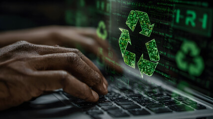 Person typing on laptop with green recycling symbol and code