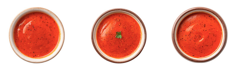 Sticker pack with bowls of red soup, clipart set with tomato puree soup isolated on a transparent background, top view