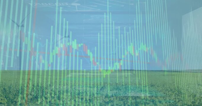 Data overlay fading in, bars pulsing, line chart scrolling over turbines showing wind energy trends