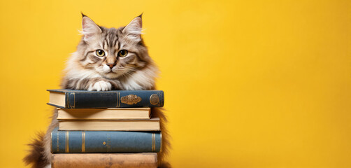 Gray cat with white paws sits on stack of books. Cute kitten peeking out. Cat fur mix gray white. Eyes open alert. Books arranged orderly. Largest book bottom. Cat, books suggest peaceful relaxation.