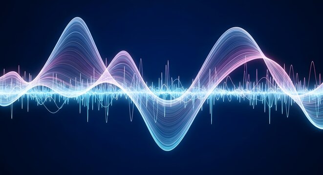Abstract digital visualization of sound waves in shades of blue and pink with glowing particles on dark background showcasing data and sound elements.