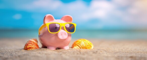 The playful piggy bank enjoying a vibrant beach day with seashells.