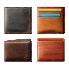 Sticker pack with worn leather wallets, business card holders on an isolated transparent background, clipart set