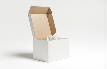 Open white rectangular cardboard box on beige background. Cardboard interior, white flap top left corner, puzzle piece. Simple, clean composition of cardboard, white, beige, neutral background.