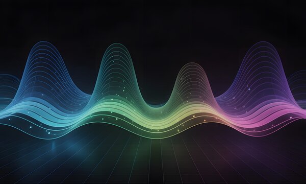 Abstract illustration of a digital sound wave or data visualization. It shows a colorful spectrum of light and dark shades, simulating sound waves or data flow.