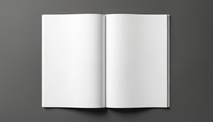 White open book with two pages on black background. Book spine and cover visible. Blank pages await reader. Empty page design for booklet or magazine mockup. Isolated object on grey-like background.