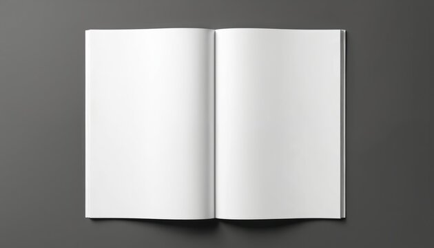 White open book with two pages on black background. Book spine and cover visible. Blank pages await reader. Empty page design for booklet or magazine mockup. Isolated object on grey-like background.