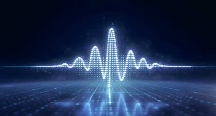 Abstract digital representation of a sound wave emitting bright blue light with a dark background showcasing technology and data.