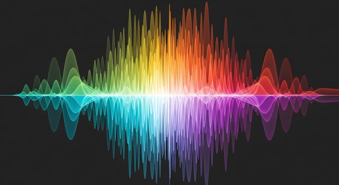 Abstract multicolored sound wave pattern against a dark background, resembling a digital equalizer. Visual representation of audio frequencies, showcasing a spectrum of colors from blue to red. - Powered by Adobe