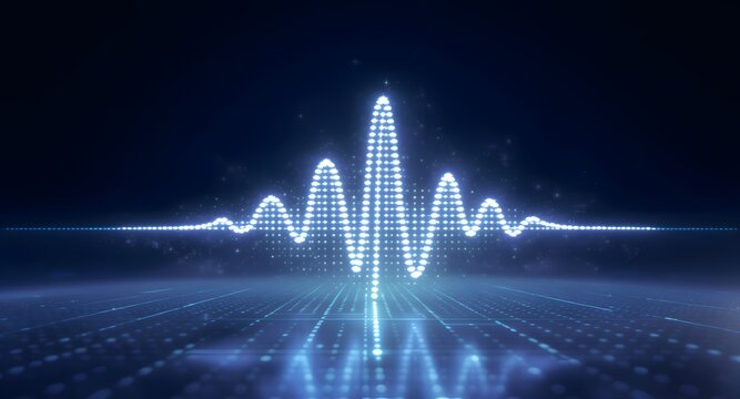 Abstract digital representation of a sound wave emitting bright blue light with a dark background showcasing technology and data.