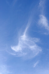 A vibrant blue sky featuring thin and sparse white cirrus clouds, spreading subtly, creating an...