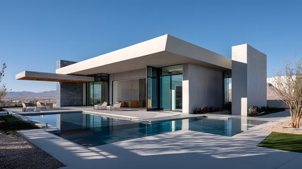 Fototapeta premium Stunning modern desert home with expansive pool and sleek architecture under a clear blue sky