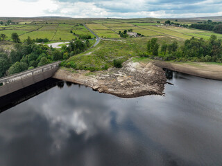 Aerial Photo of Thruscross Reservoir Yorkshire showing low water levers do to current drought.