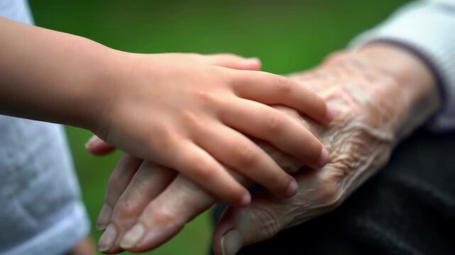 Intergenerational connection and aging, young child gently touching elderly grandparent s hands outdoors during family gathering. concept of family bonding, empathy, life stages