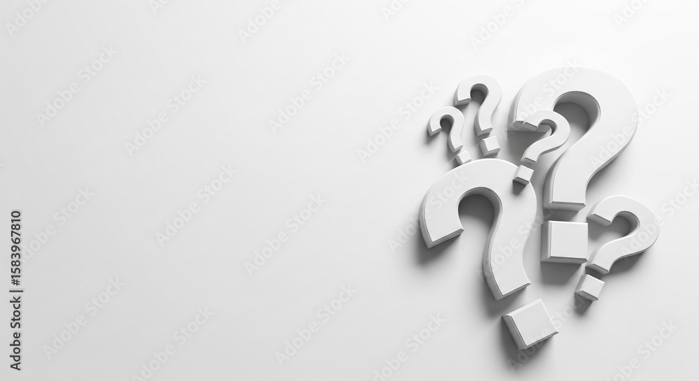 Poster White question marks on white background, creating a minimalist design with ample free space for text or logo placement, ideal for showcasing ideas or promoting queries